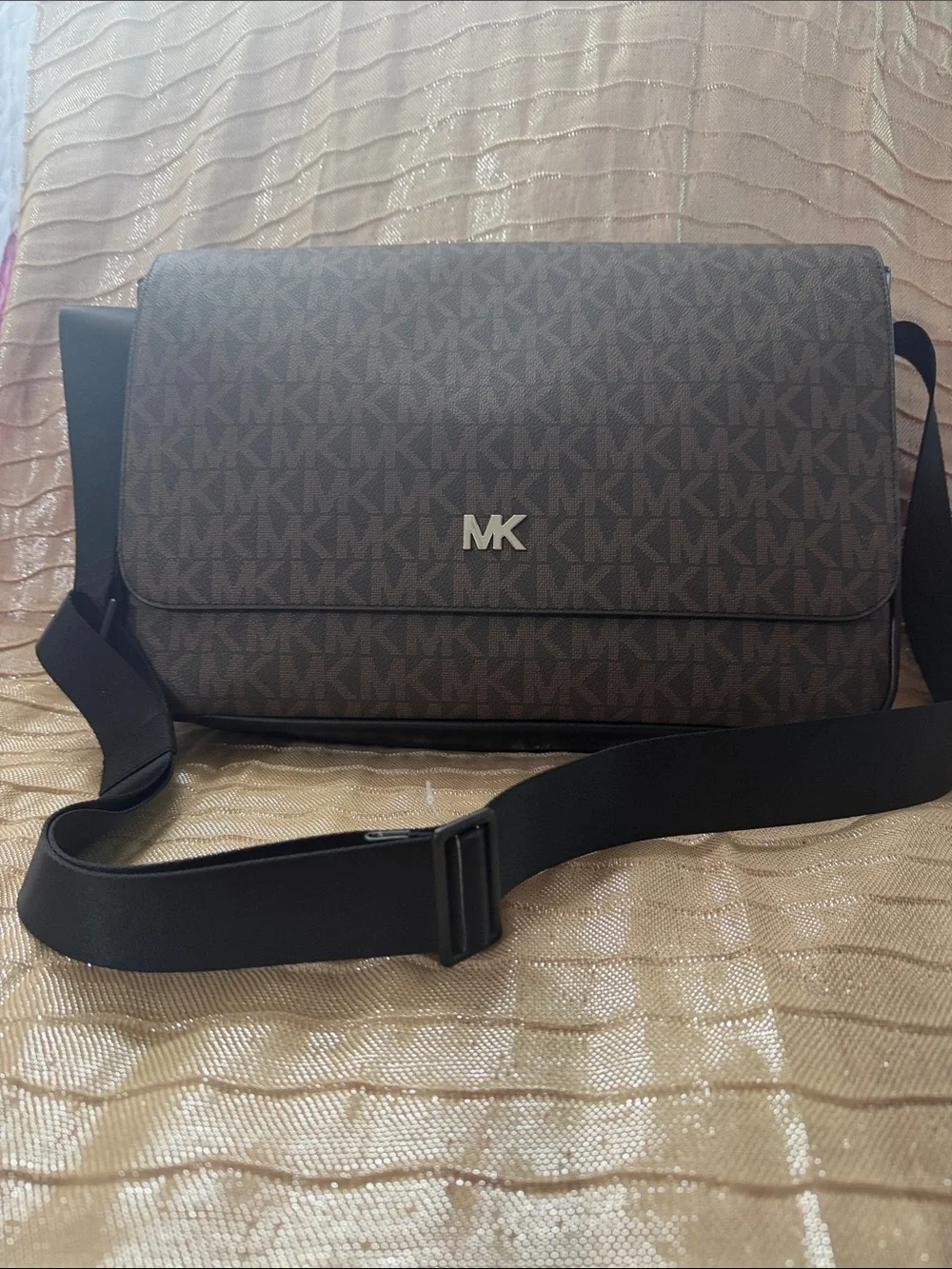 Michael Kors Brown MK Signature Canvas Messenger Bag with Black Strap
